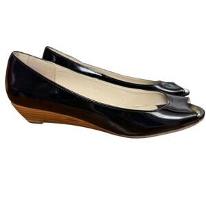 Steve Madden Open Toe Peep Patent Leather Black Stacked Wedge Shoes Pumps sz 8